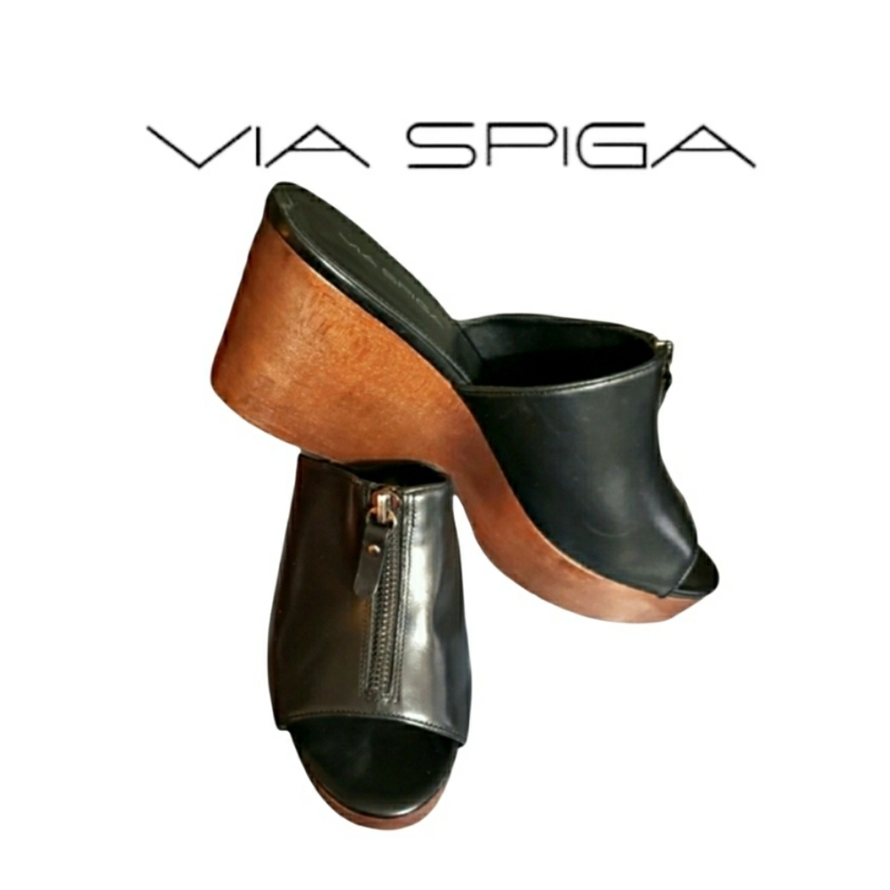 Via Spiga Black Leather Chunky Wedge Clog Sandals Shoes Size 9.5